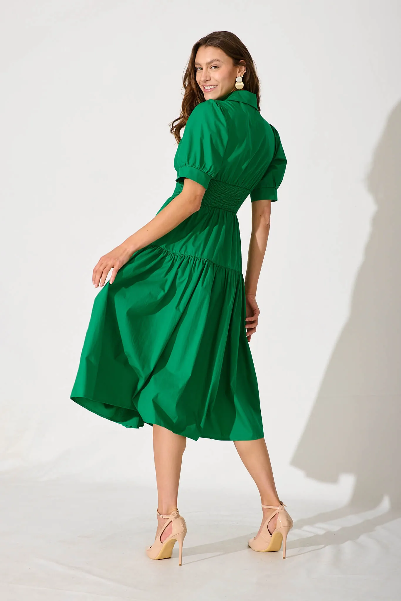 Fairfax Midi Shirt Dress In Green Cotton sold by St Frock product image thumbnail 4