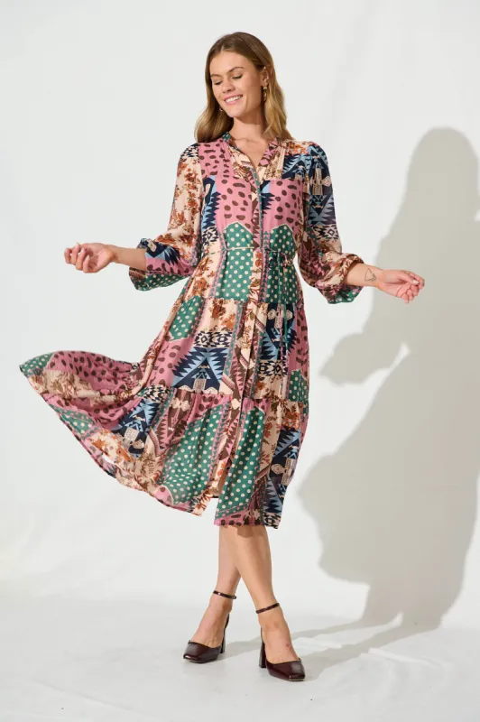 Mary Midi Dress In Blush Multi Patchwork Cotton Blend sold by St Frock