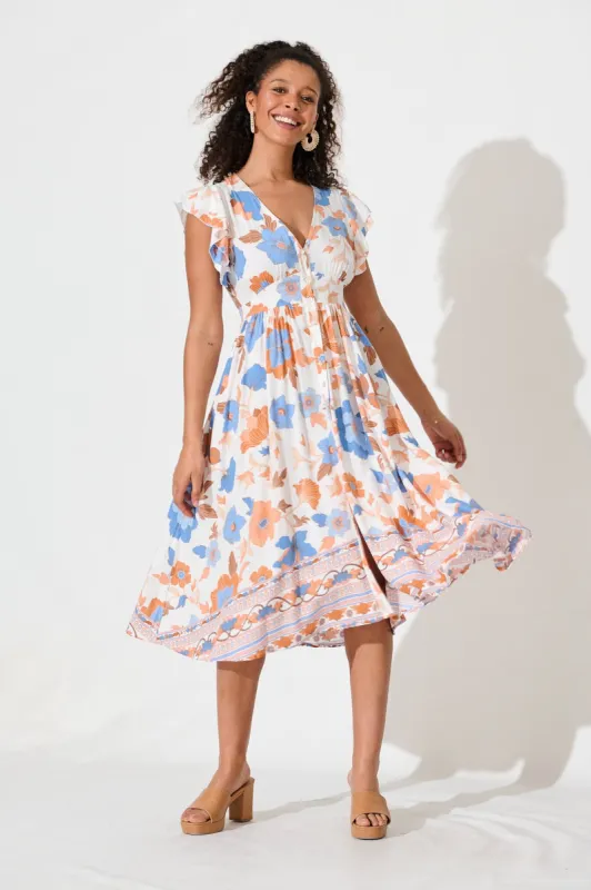 Daffodil Midi Dress In White With Rust Boho Floral sold by St Frock