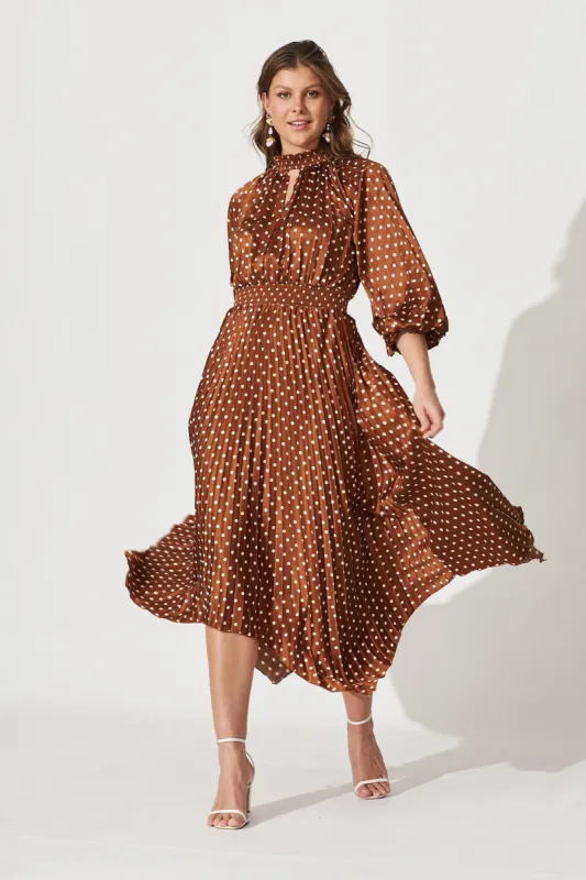 Nala Midi Dress In Rust With White Polka Dot Pleated Satin sold by St Frock
