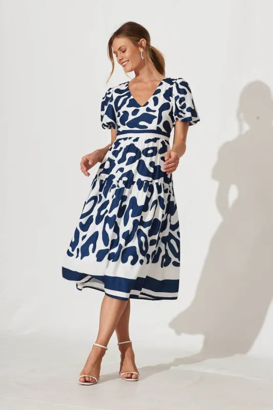 Romilda Midi Dress In White And Navy sold by St Frock