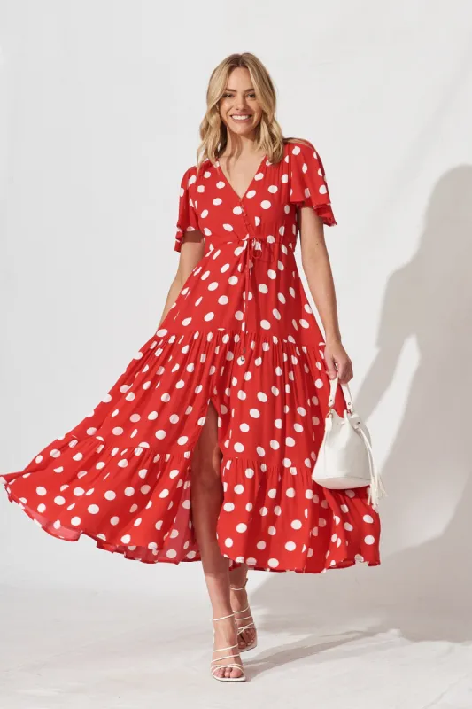 Violet Maxi Dress In Red With White Spot sold by St Frock