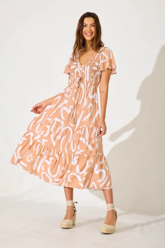 Ray Of Light Midi Dress In Beige With White Print sold by St Frock