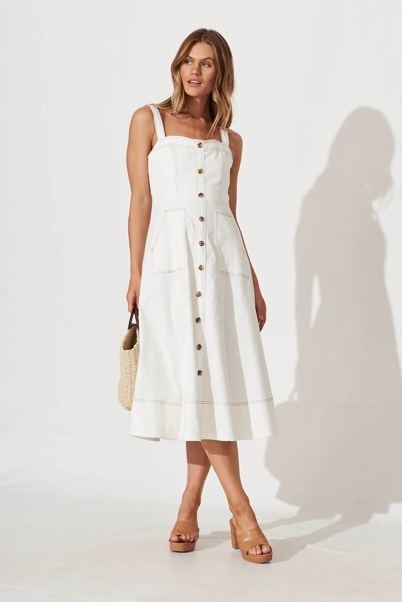 Daylight Midi Sundress In White Cotton Blend sold by St Frock