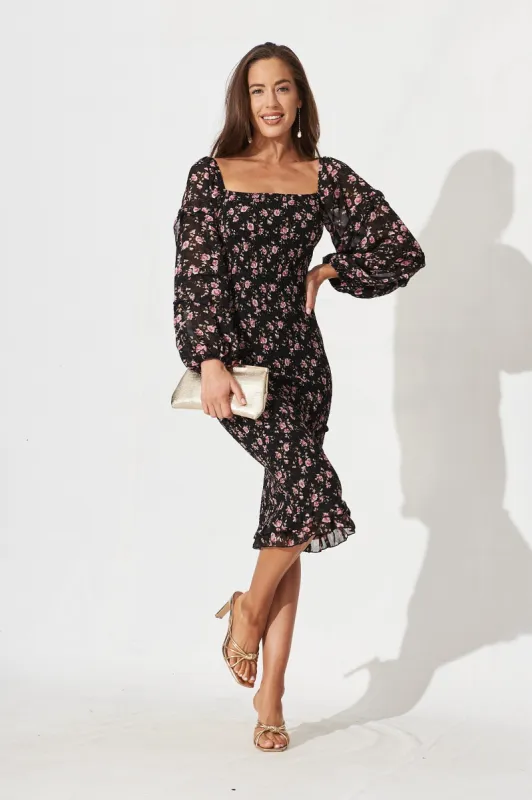 Aceline Shirred Midi Dress In Black With Pink Ditsy Floral Chiffon sold by St Frock