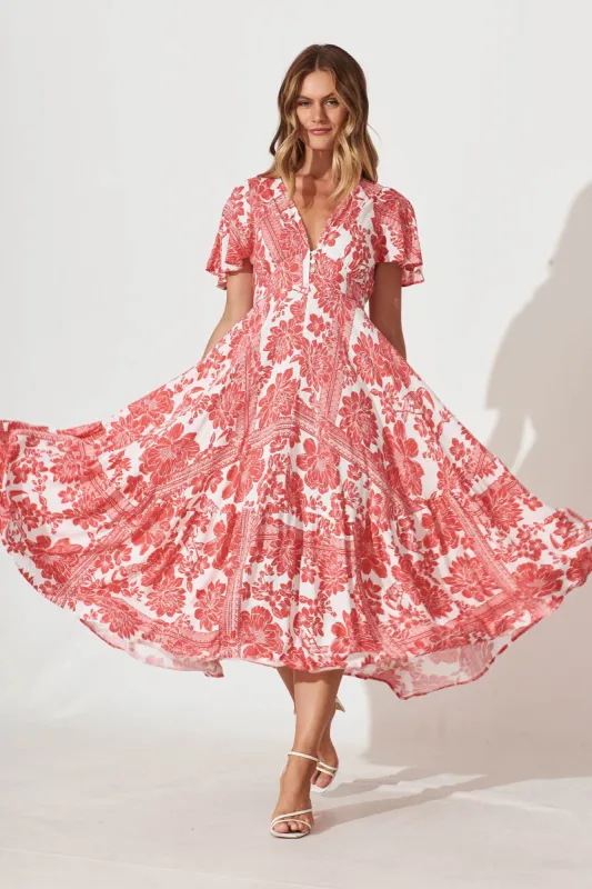 Nevada Maxi Dress In White With Raspberry Patchwork Floral sold by St Frock