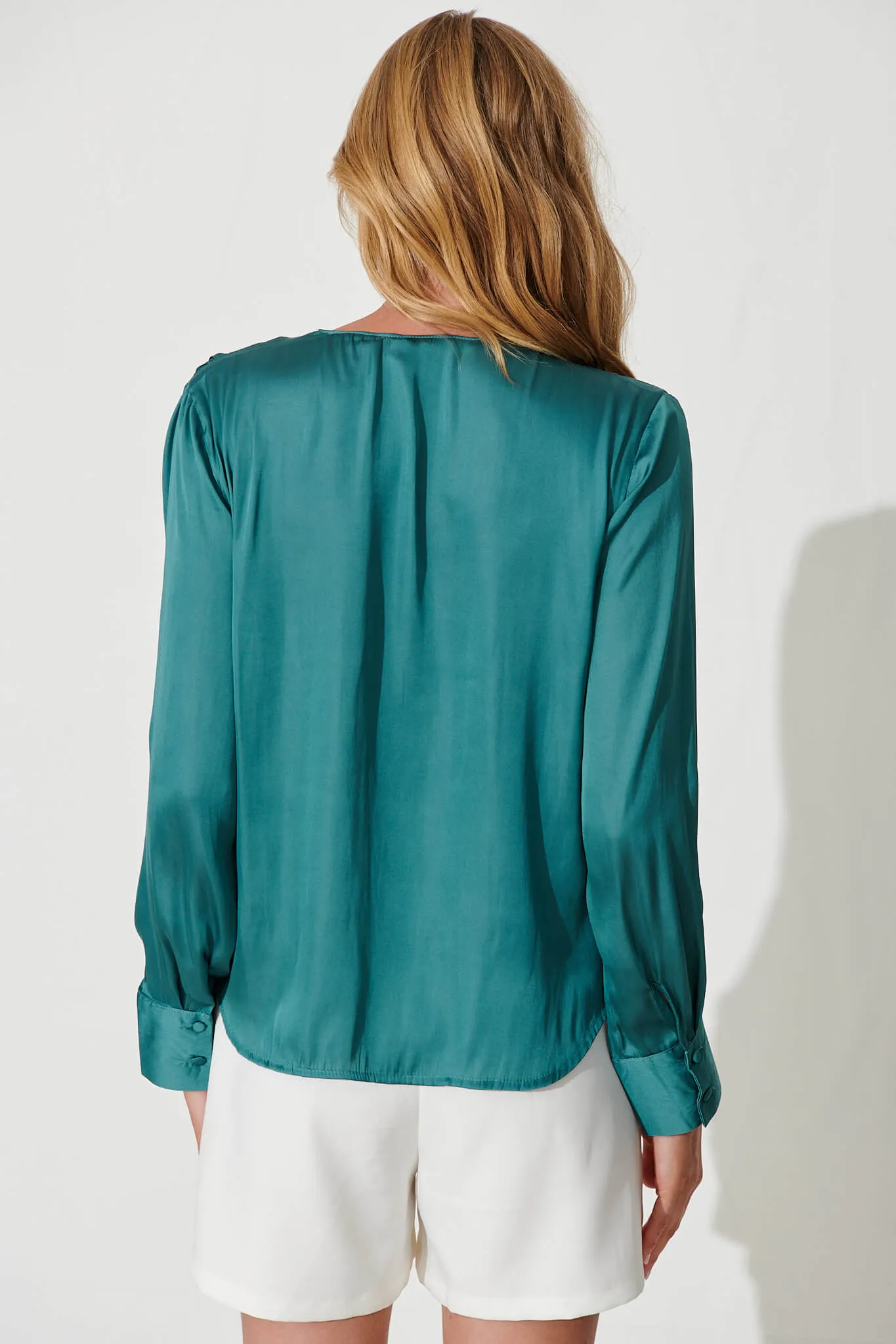 Lara Mock Wrap Top In Sea Green Satin sold by St Frock product image thumbnail 3