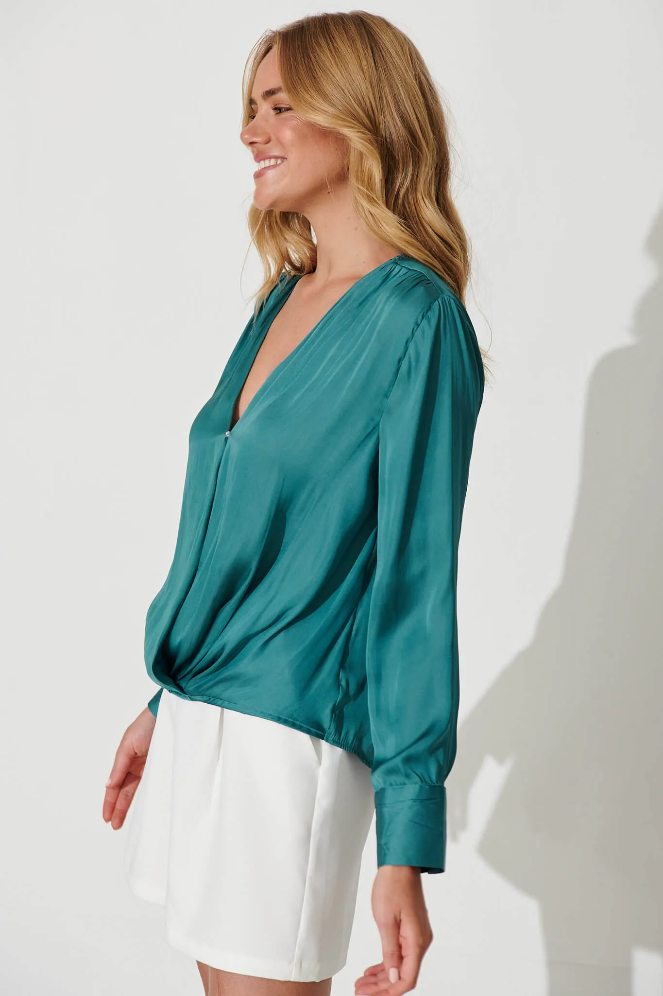 Lara Mock Wrap Top In Sea Green Satin sold by St Frock product image thumbnail 2