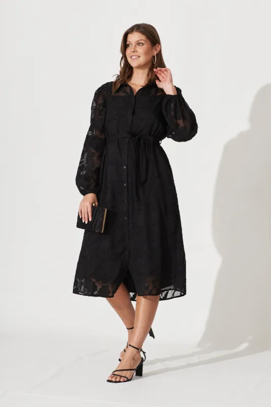 Sucession Midi Shirt Dress In Black Burnout Chiffon sold by St Frock