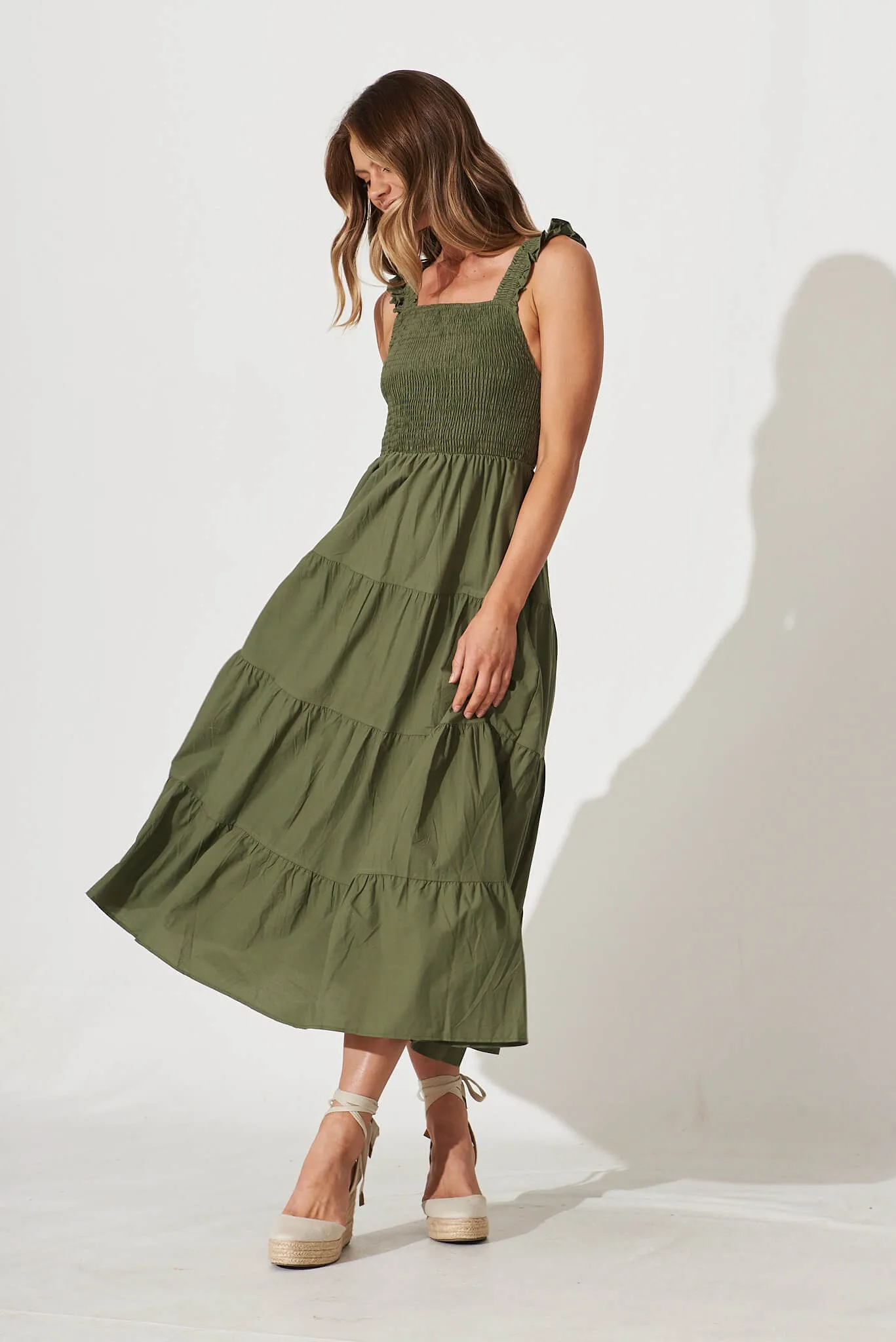Someday Midi Sundress In Khaki Cotton sold by St Frock