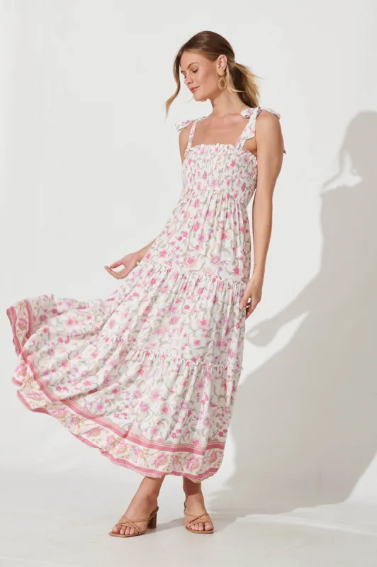 Katina Maxi Sundress In White With Pink Floral sold by St Frock