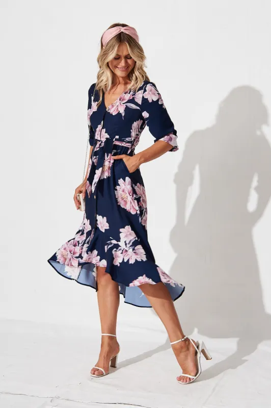 Cora Midi Dress in Navy with Blush Floral sold by St Frock