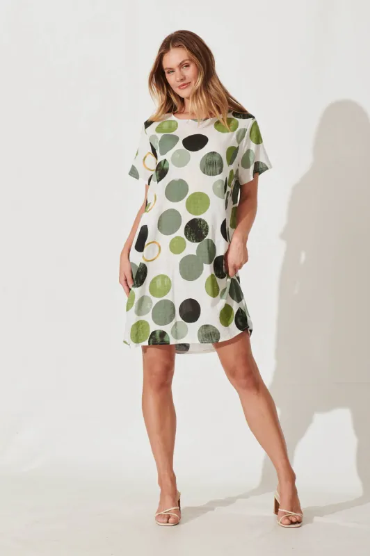 Nectar Smock Dress In White With Green Polka Dot Cotton Blend sold by St Frock