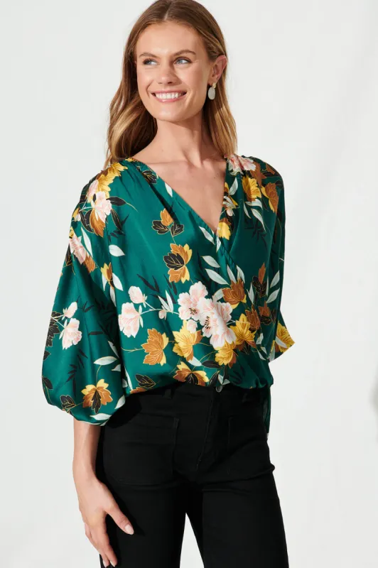 Solita Top In Emerald With Blush Floral Satin sold by St Frock
