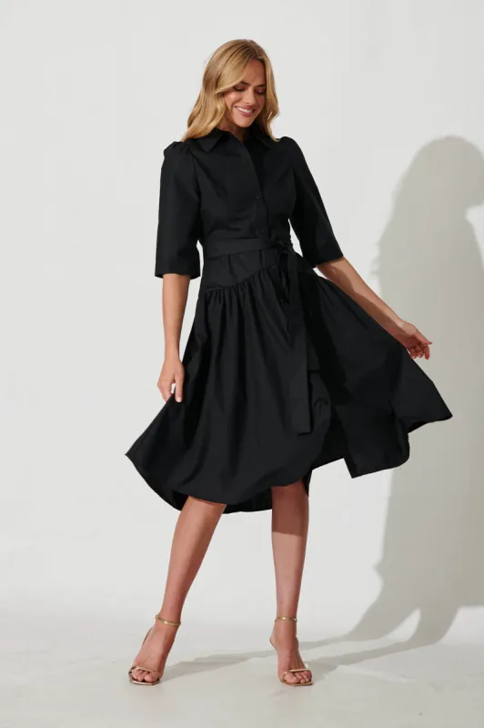 Marie Midi Shirt Dress In Black Cotton Blend sold by St Frock