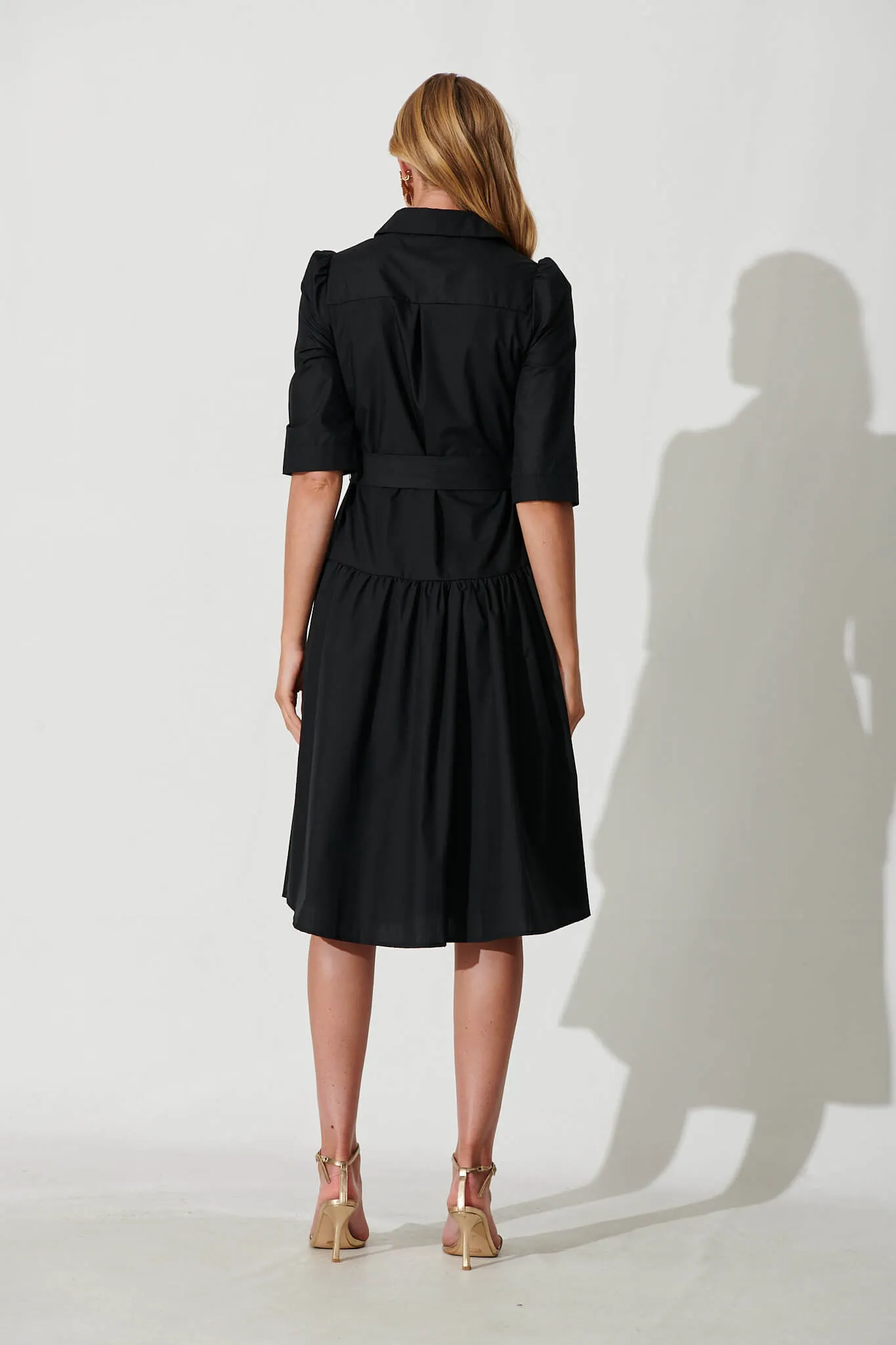 Marie Midi Shirt Dress In Black Cotton Blend sold by St Frock product image thumbnail 4