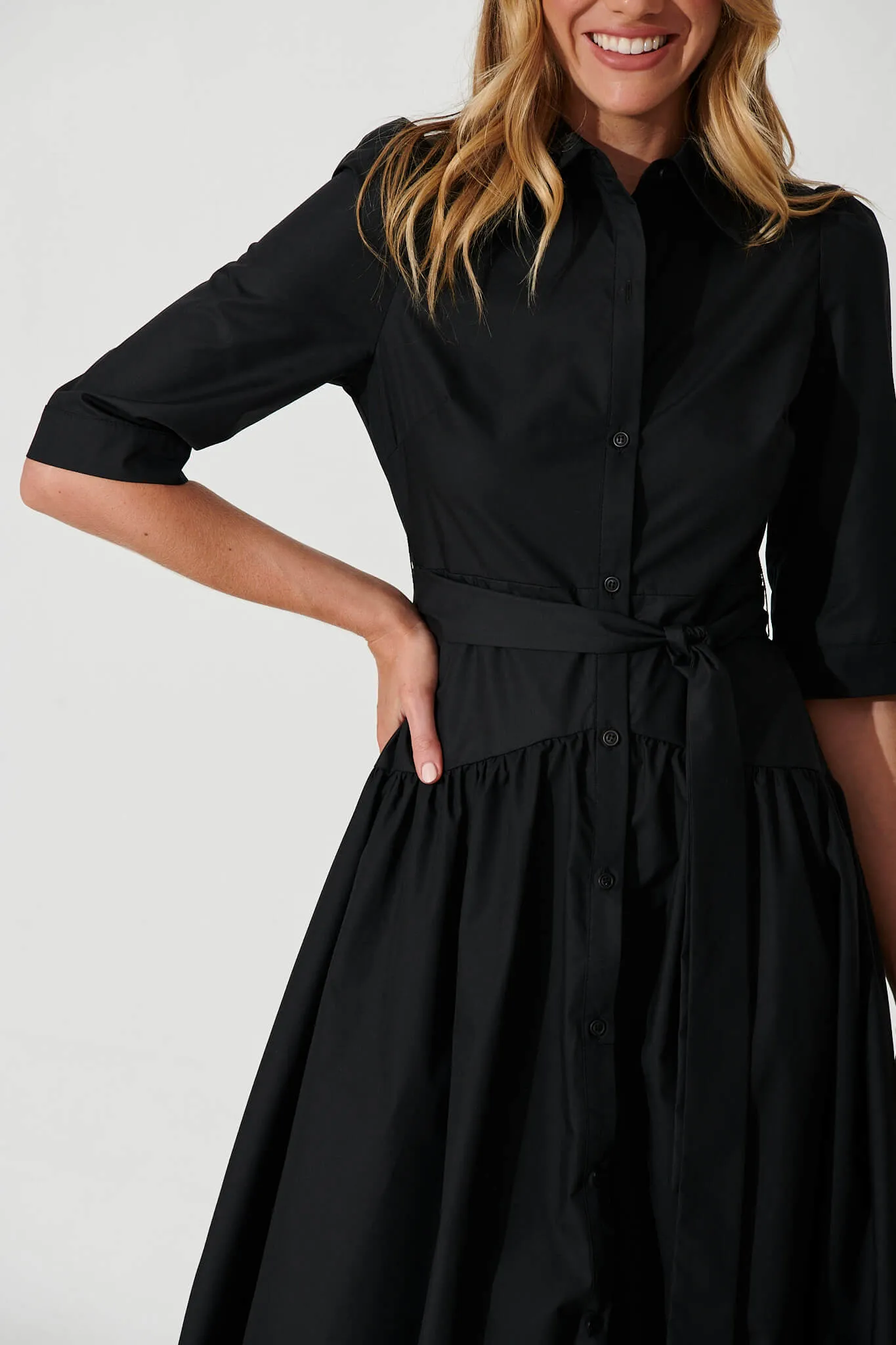 Marie Midi Shirt Dress In Black Cotton Blend sold by St Frock product image thumbnail 5