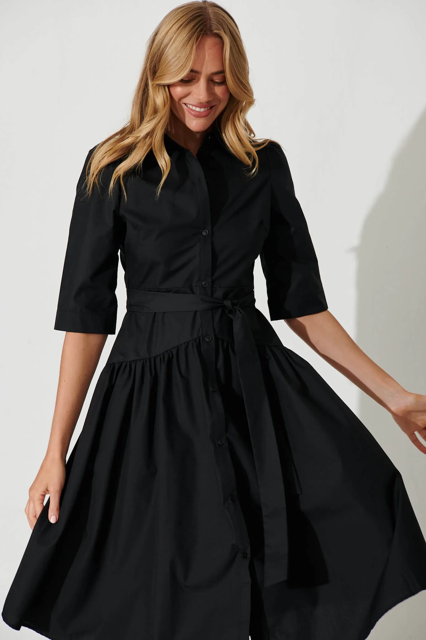 Marie Midi Shirt Dress In Black Cotton Blend sold by St Frock product image thumbnail 2