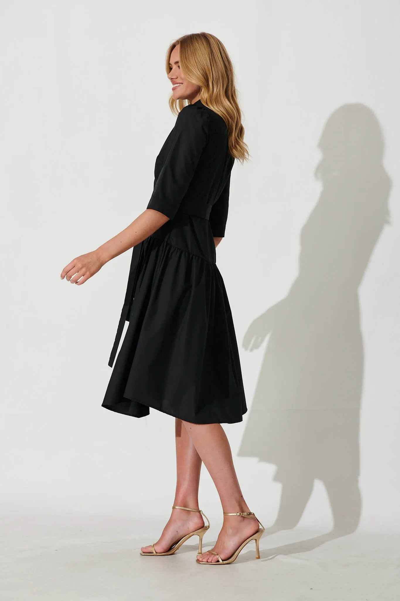 Marie Midi Shirt Dress In Black Cotton Blend sold by St Frock product image thumbnail 3