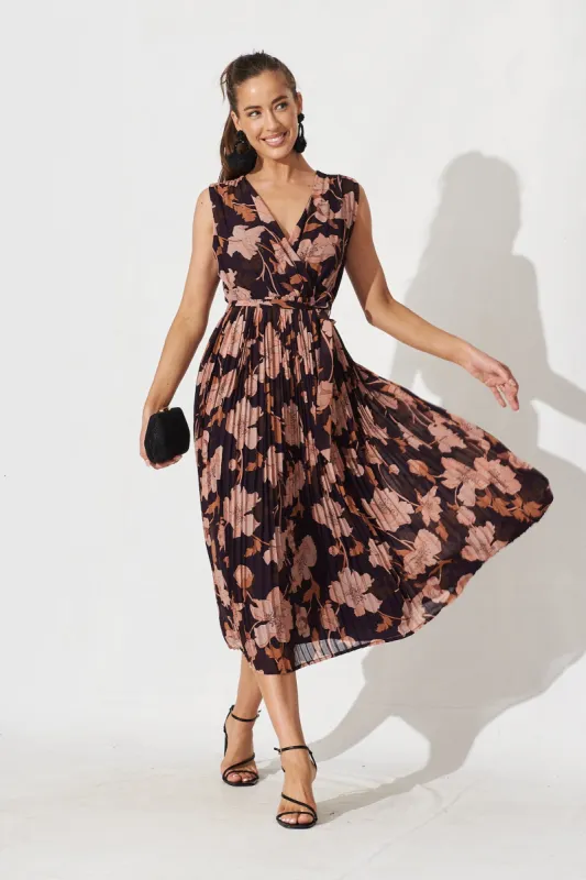 Cherla Midi Dress In Navy Blush Floral Chiffon sold by St Frock