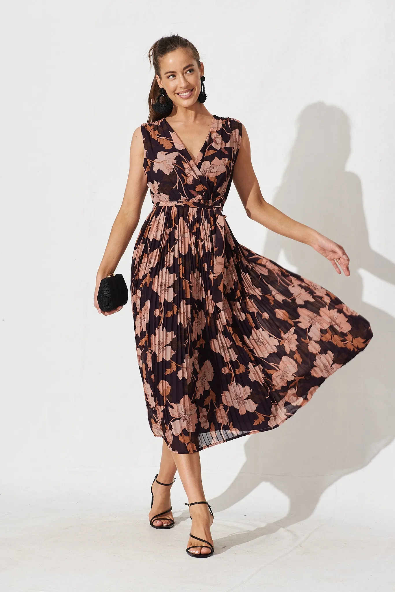 Cherla Midi Dress In Navy Blush Floral Chiffon sold by St Frock