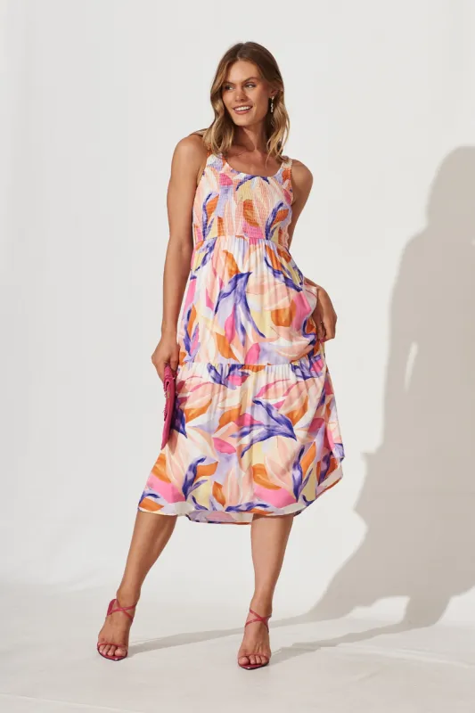 Caribbean Midi Dress In Pink Multi Leaf Print Linen Blend sold by St Frock