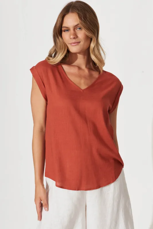 Jina Top In Rust Linen Blend sold by St Frock