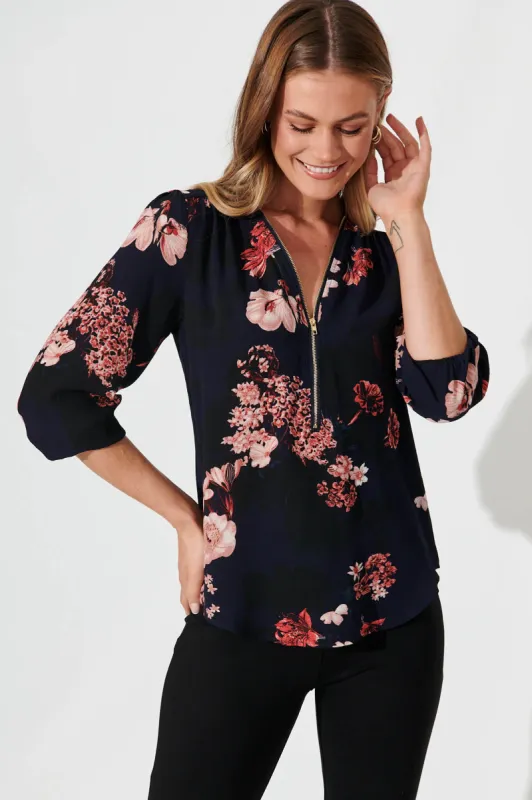 Viviani Zip Top In Navy With Pink And Blush Floral sold by St Frock