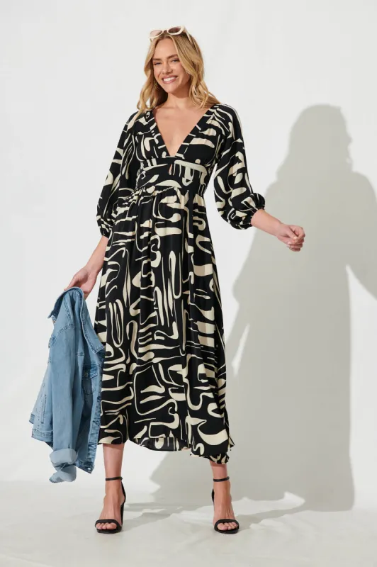 Melski Maxi Dress In Black With Cream Swirl Print sold by St Frock