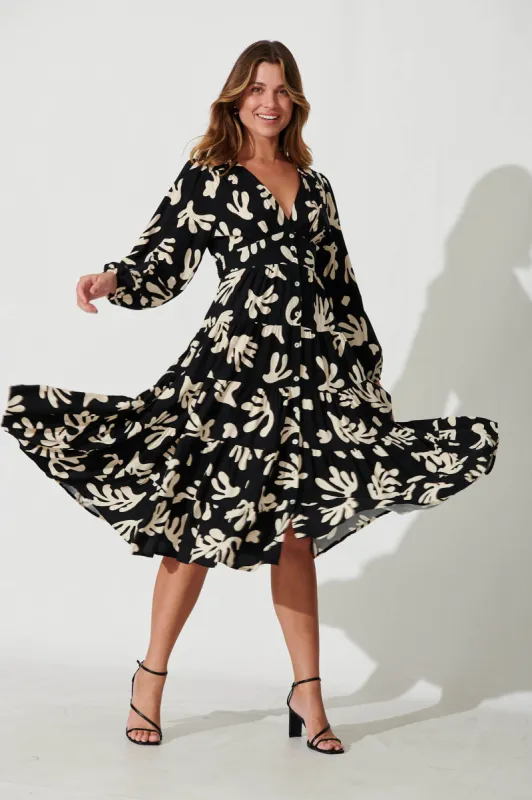 Modical Midi Dress In Black With Cream Print sold by St Frock