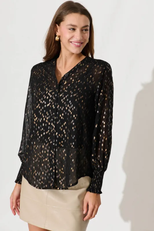 Edie Top In Black With Gold Foil Chiffon sold by St Frock