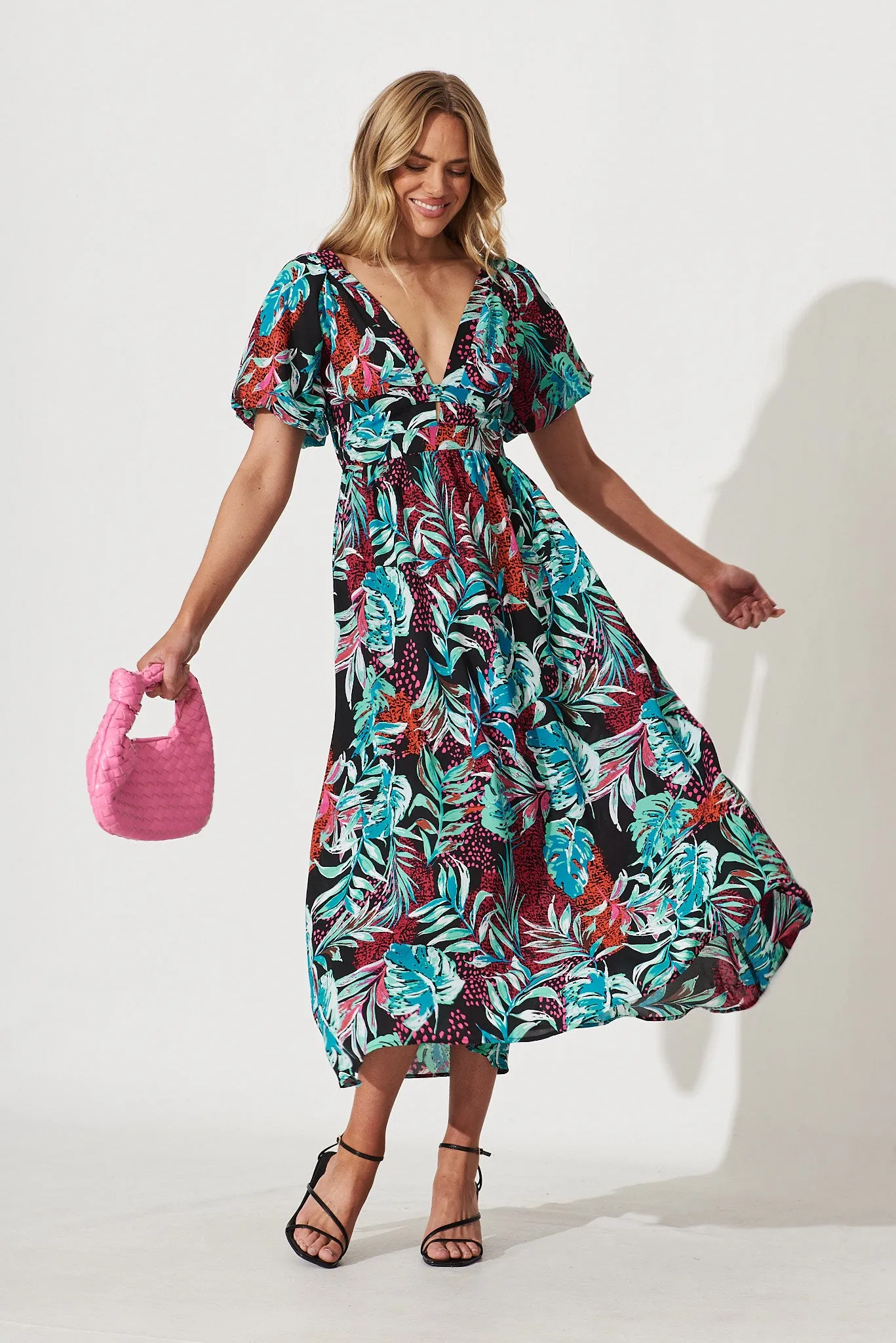 Mel Maxi Dress In Black Multi Tropical Floral Print sold by St Frock