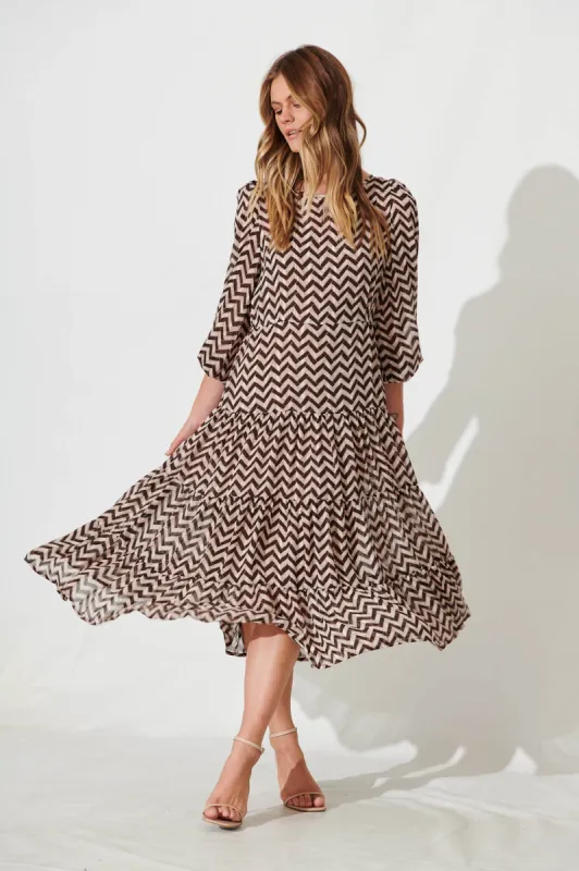 Nightingale Midi Dress In Chocolate Geometric Chiffon sold by St Frock