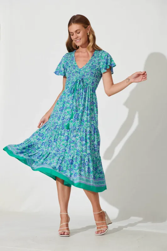 Soul Midi Dress In Blue And Green Border Print sold by St Frock