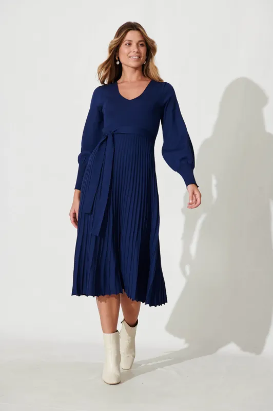 Albi Midi Knit Dress In Navy Cotton Blend sold by St Frock