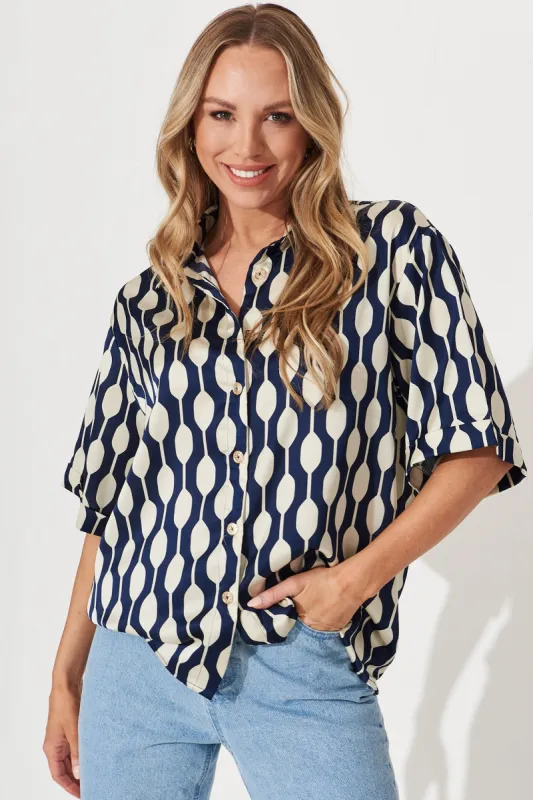 Ola Shirt In Navy With Cream Geometric Print Satin sold by St Frock