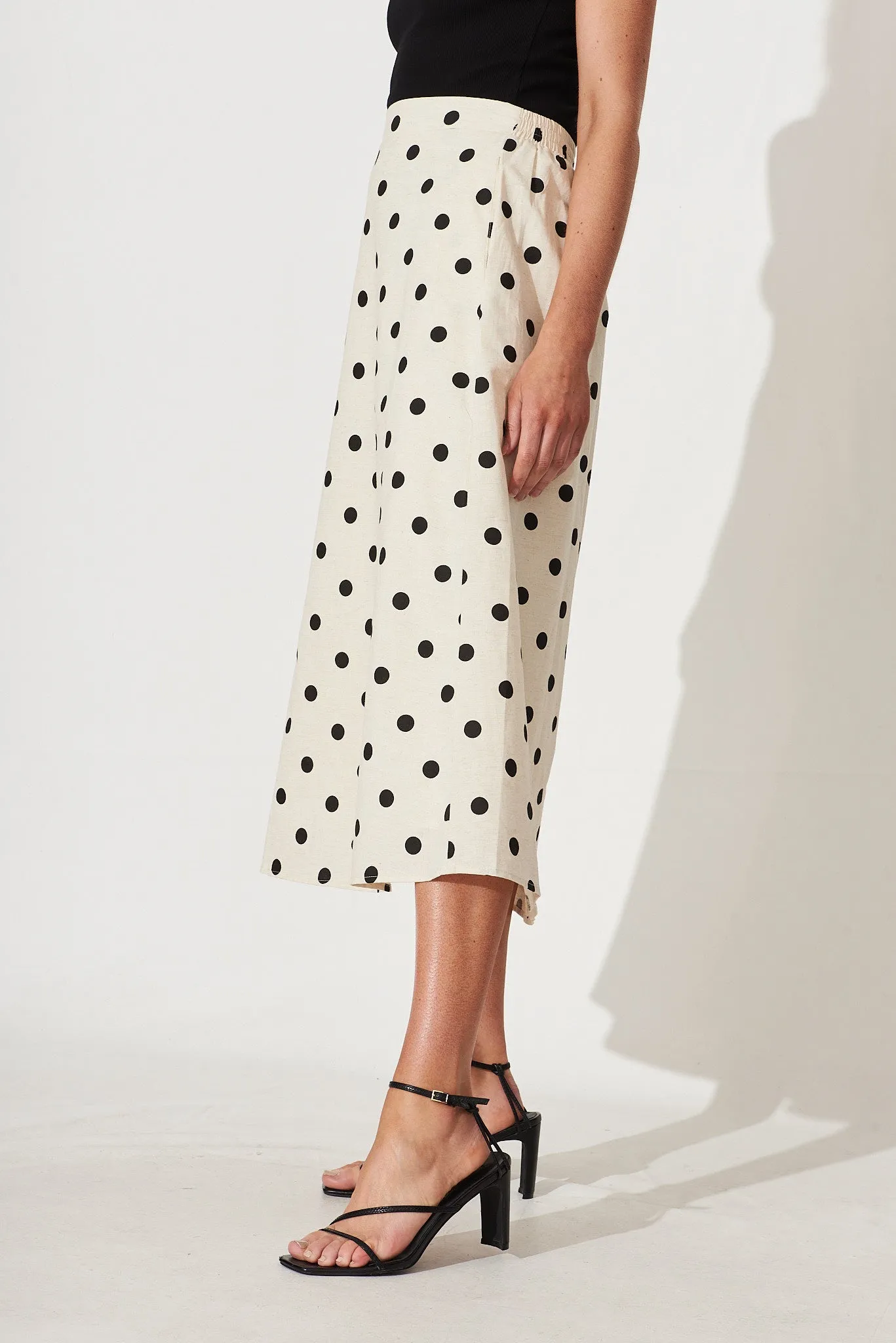 Bellamy Midi Skirt In Oatmeal With Black Polka Dot Linen Blend sold by St Frock product image thumbnail 4