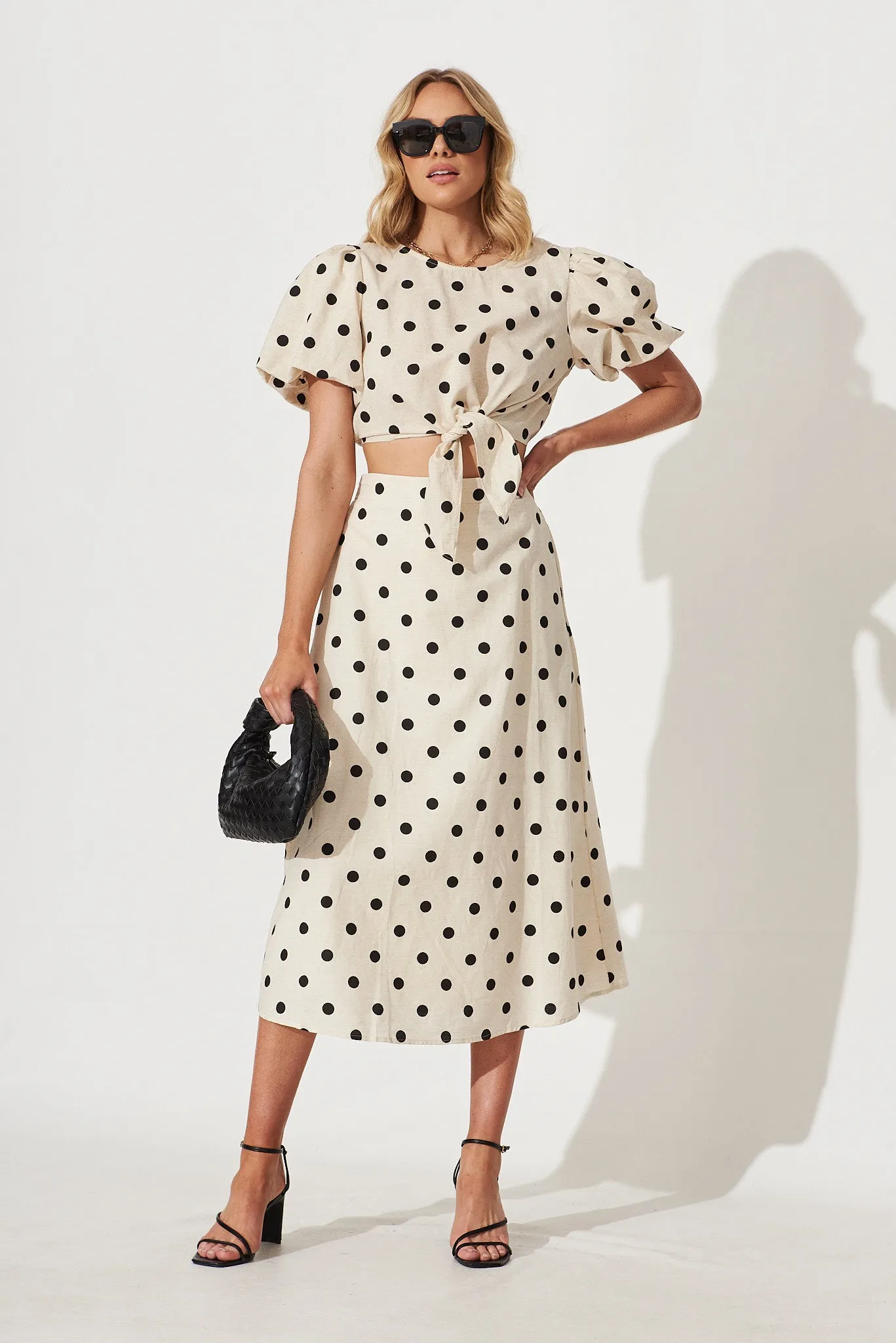 Bellamy Midi Skirt In Oatmeal With Black Polka Dot Linen Blend sold by St Frock product image thumbnail 2