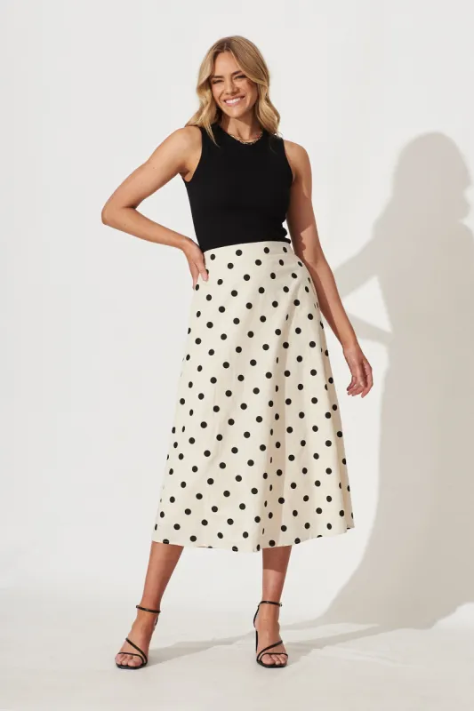 Bellamy Midi Skirt In Oatmeal With Black Polka Dot Linen Blend sold by St Frock