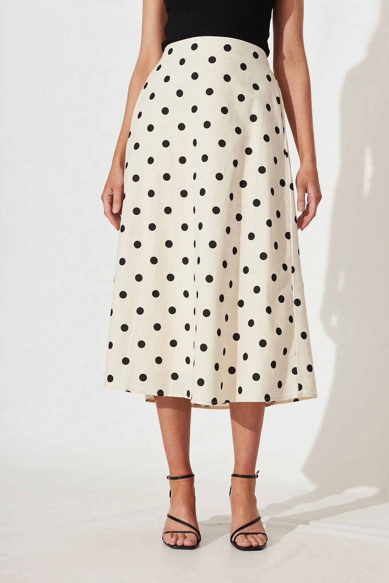 Bellamy Midi Skirt In Oatmeal With Black Polka Dot Linen Blend sold by St Frock product image thumbnail 3