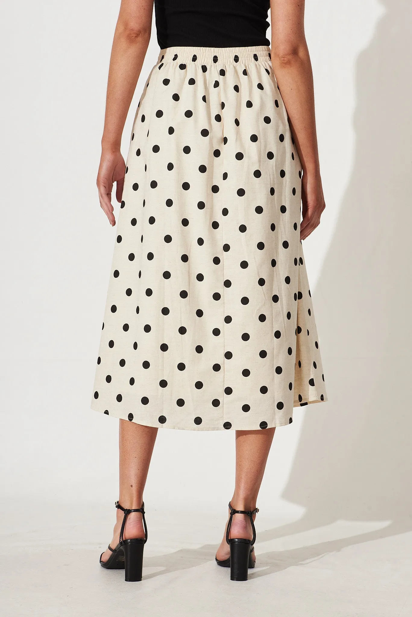 Bellamy Midi Skirt In Oatmeal With Black Polka Dot Linen Blend sold by St Frock product image thumbnail 5