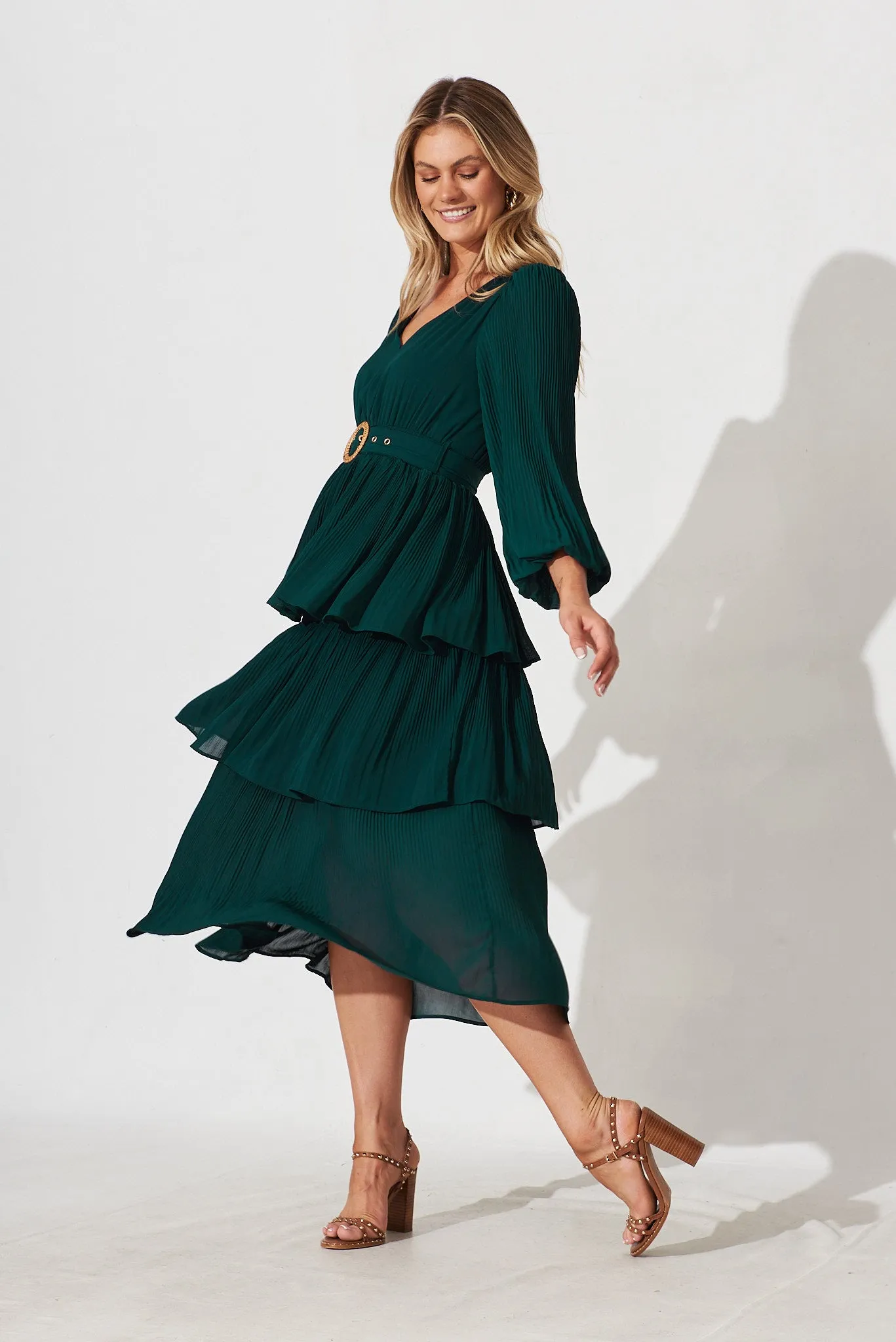 Elisa Midi Dress In Emerald Green Chiffon sold by St Frock