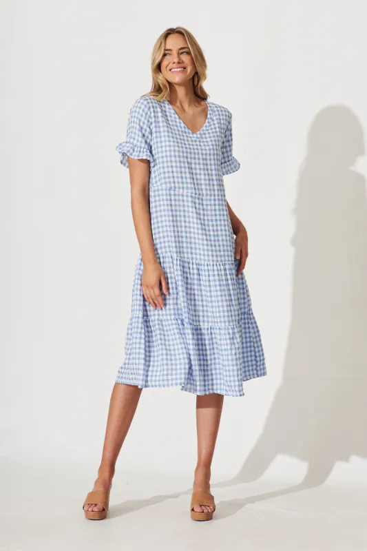 Louisa Midi Smock Dress In Blue And White Gingham Cotton Blend sold by St Frock