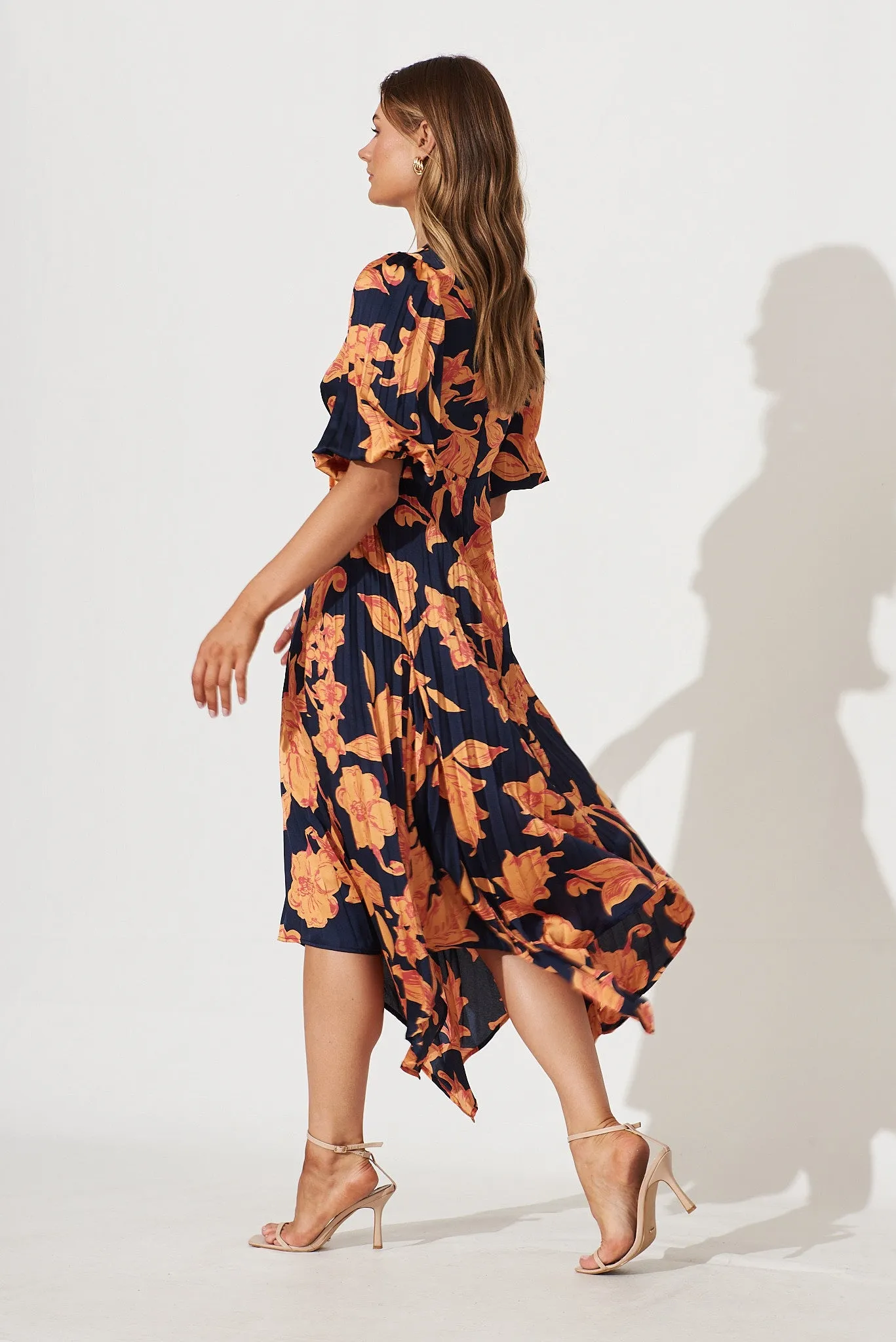 Florence Midi Dress In Navy With Apricot Floral Print Pleated Satin sold by St Frock product image thumbnail 3