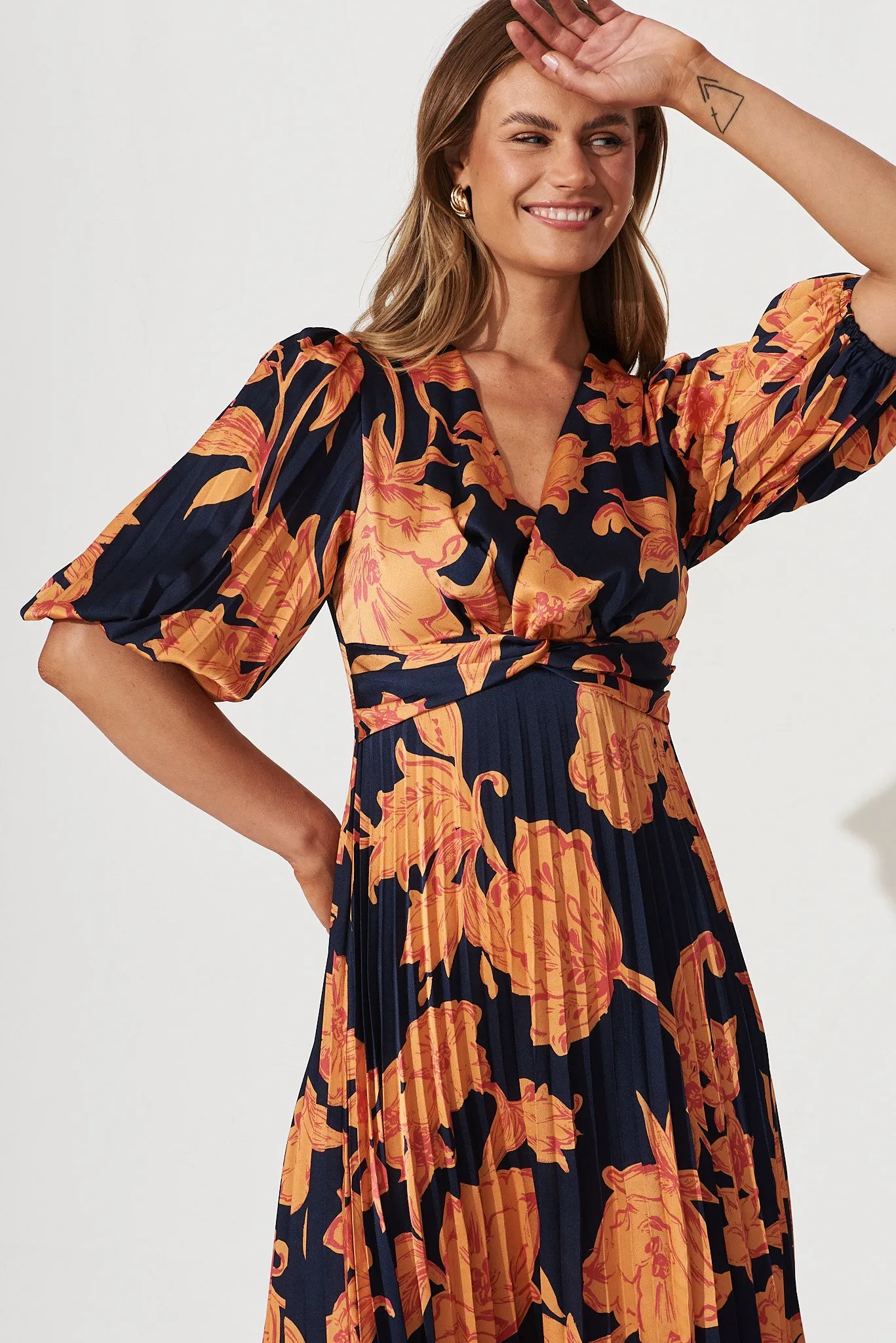 Florence Midi Dress In Navy With Apricot Floral Print Pleated Satin sold by St Frock product image thumbnail 2