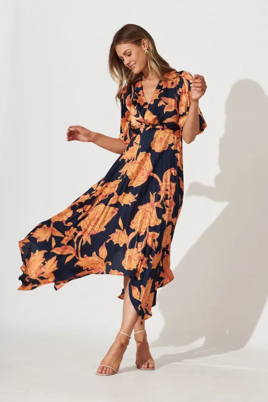 Florence Midi Dress In Navy With Apricot Floral Print Pleated Satin sold by St Frock
