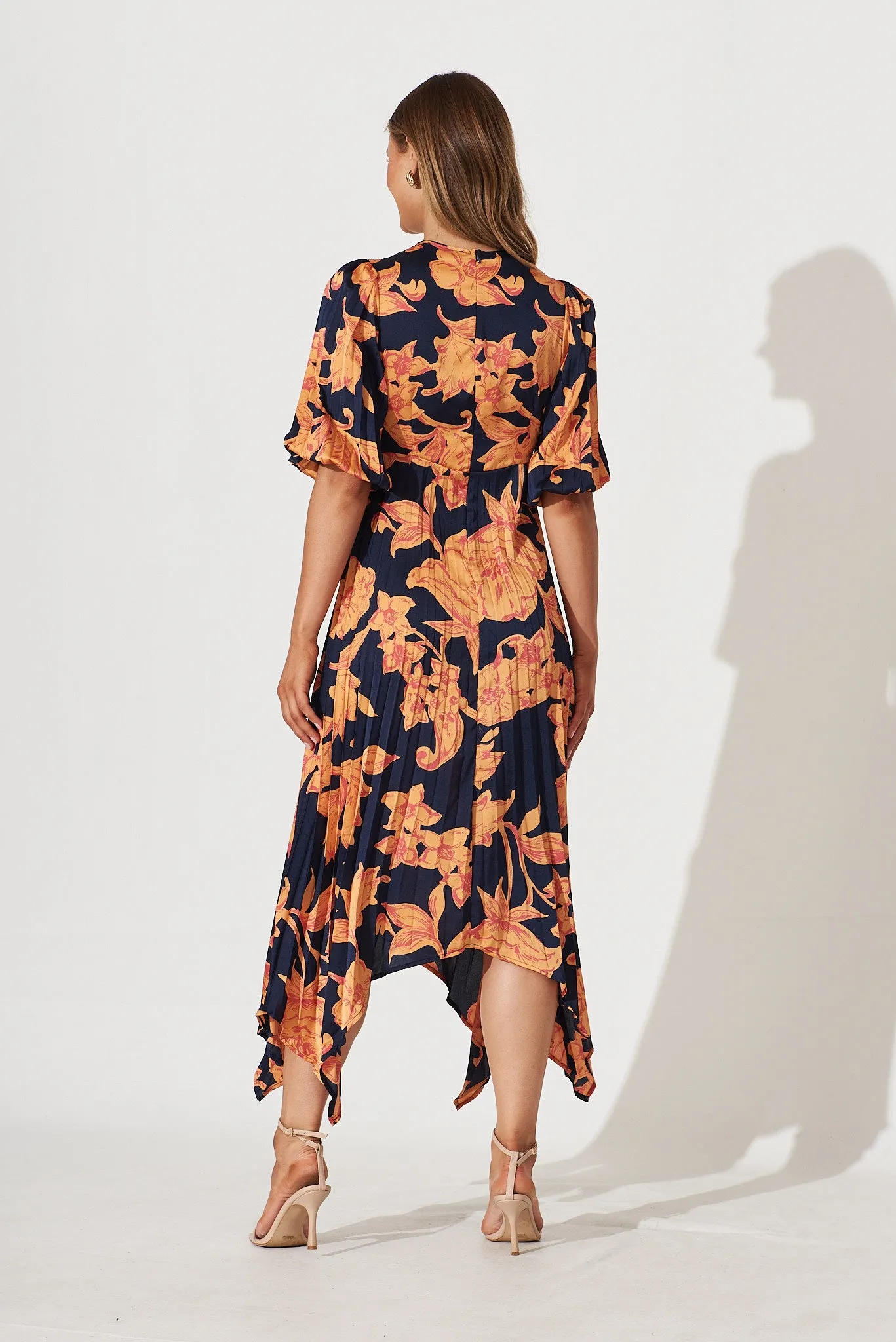 Florence Midi Dress In Navy With Apricot Floral Print Pleated Satin sold by St Frock product image thumbnail 4