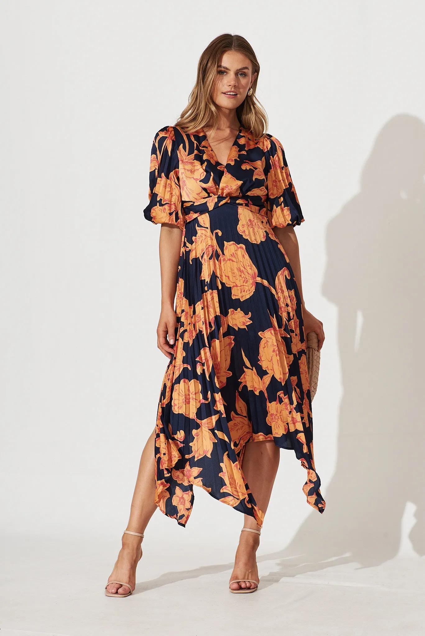 Florence Midi Dress In Navy With Apricot Floral Print Pleated Satin sold by St Frock product image thumbnail 5