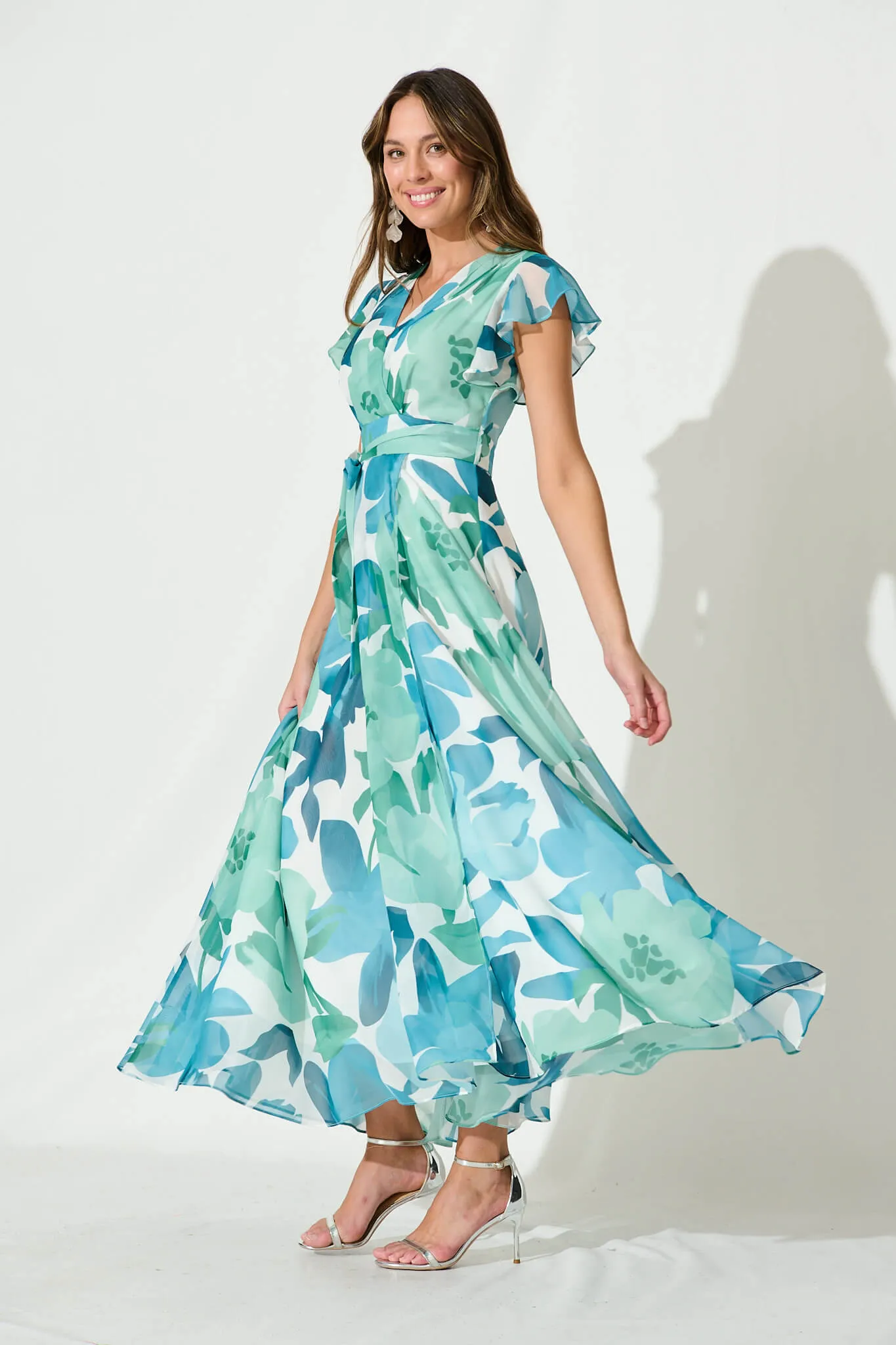 Wynter Maxi Dress In Green And Blue Floral Chiffon sold by St Frock product image thumbnail 3