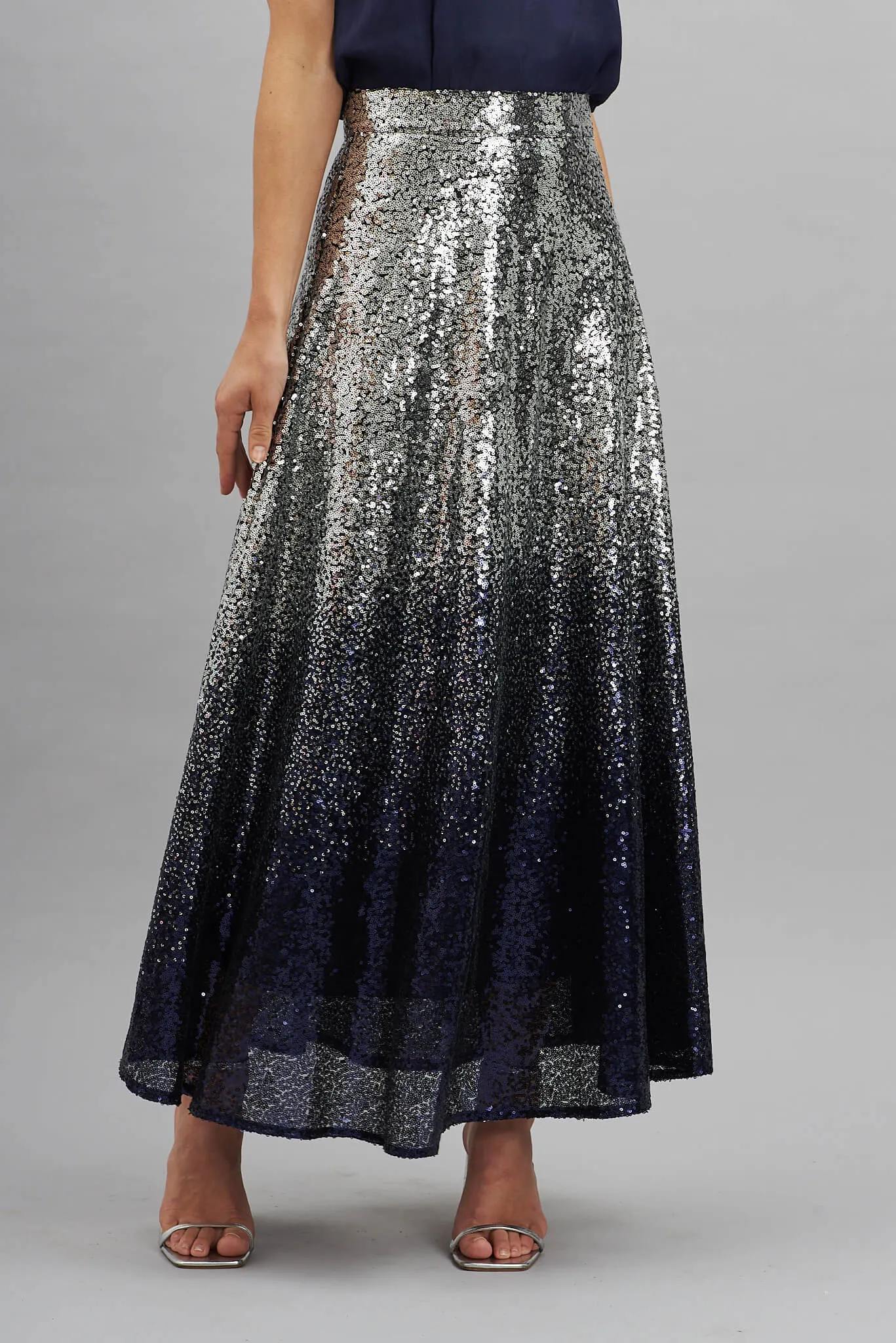 Exquisite Maxi Skirt In Silver With Navy Ombre Sequin sold by St Frock